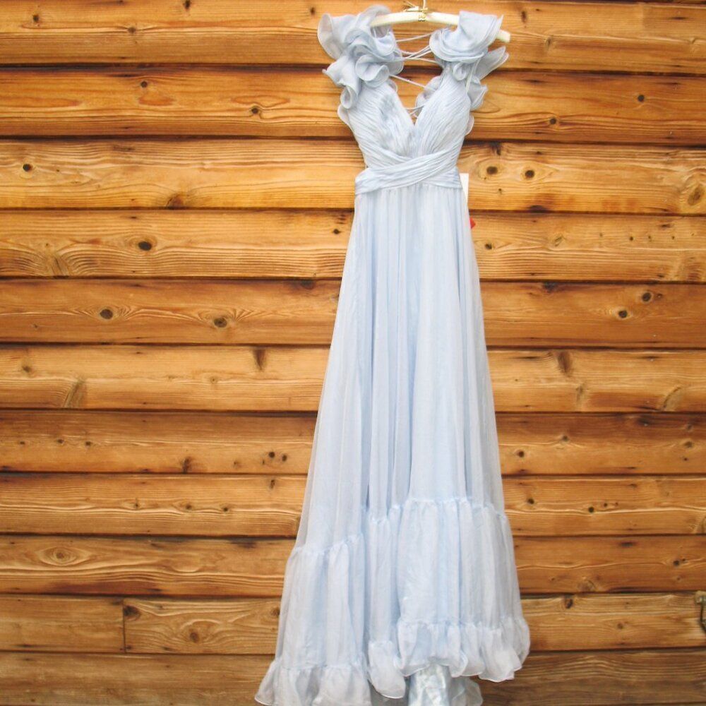 NWT Mac Duggal 67911 Ruffled Tiered Cut Out Chiffon Gown Dress Blue 2 - Picture 6 of 15